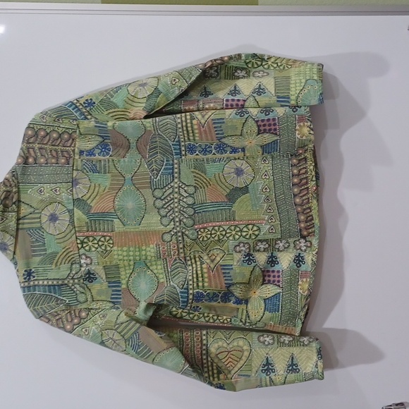 Chico's sz1(med) green abstract button up denim twill jacket - Picture 5 of 7